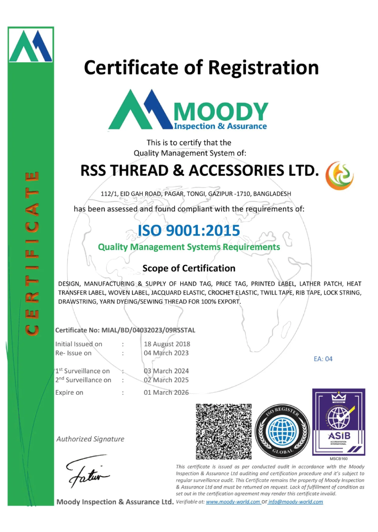 ISO 9001:2015 RSS Thread & Accessories Ltd